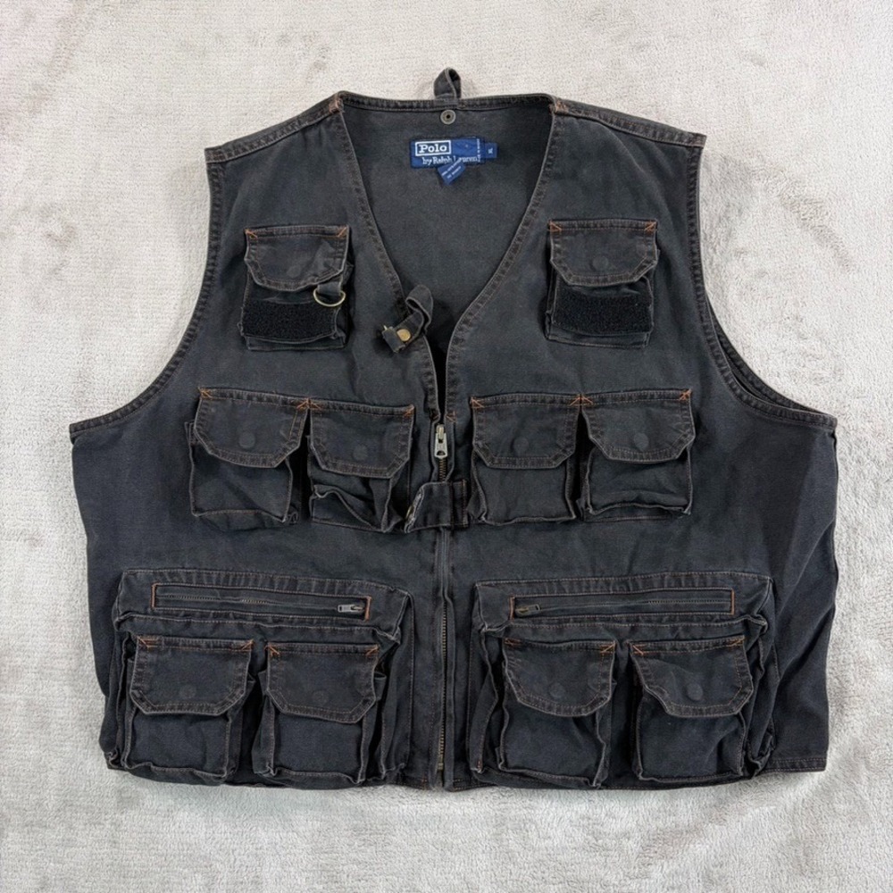 Vintage 90s 80s Polo Ralph Lauren Hunting Utility Vest in Charcoal Denim Men XL